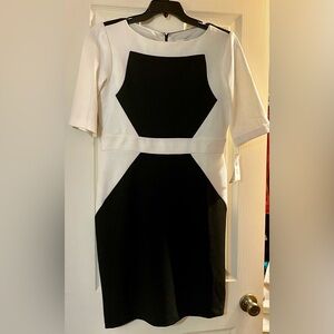 White and Black Colorblock Midi Sheath Dress